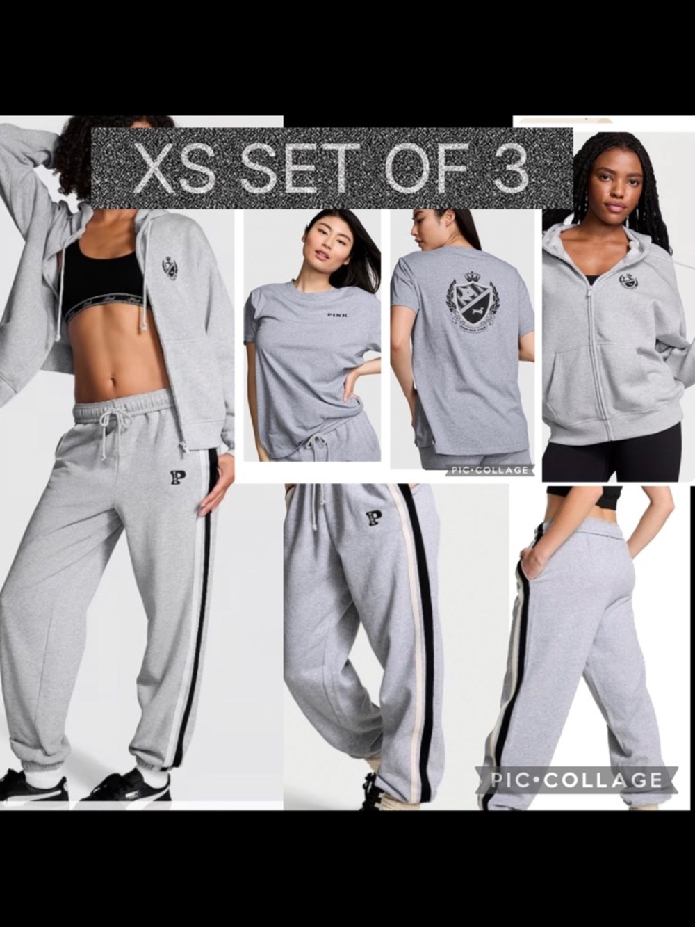 PINK campus pant full zip hoodie campus short sleeve tee med grey crest dog logo